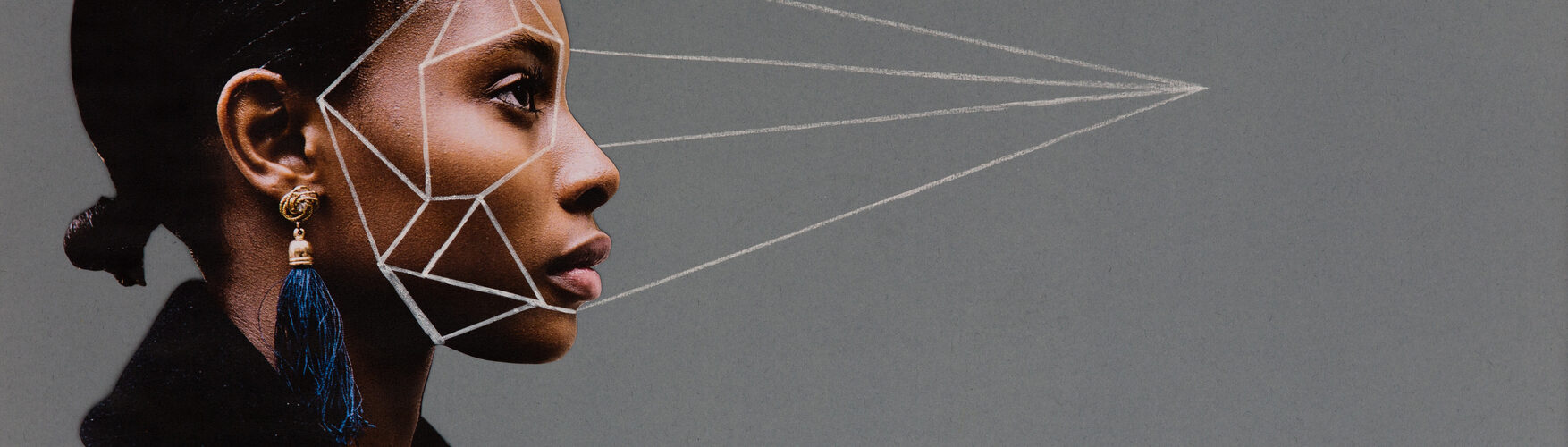 Analogue collage featuring a black woman in profile, with geometric shapes drawn onto her face, to map ways of calculating her beauty, with converging perspective lines.